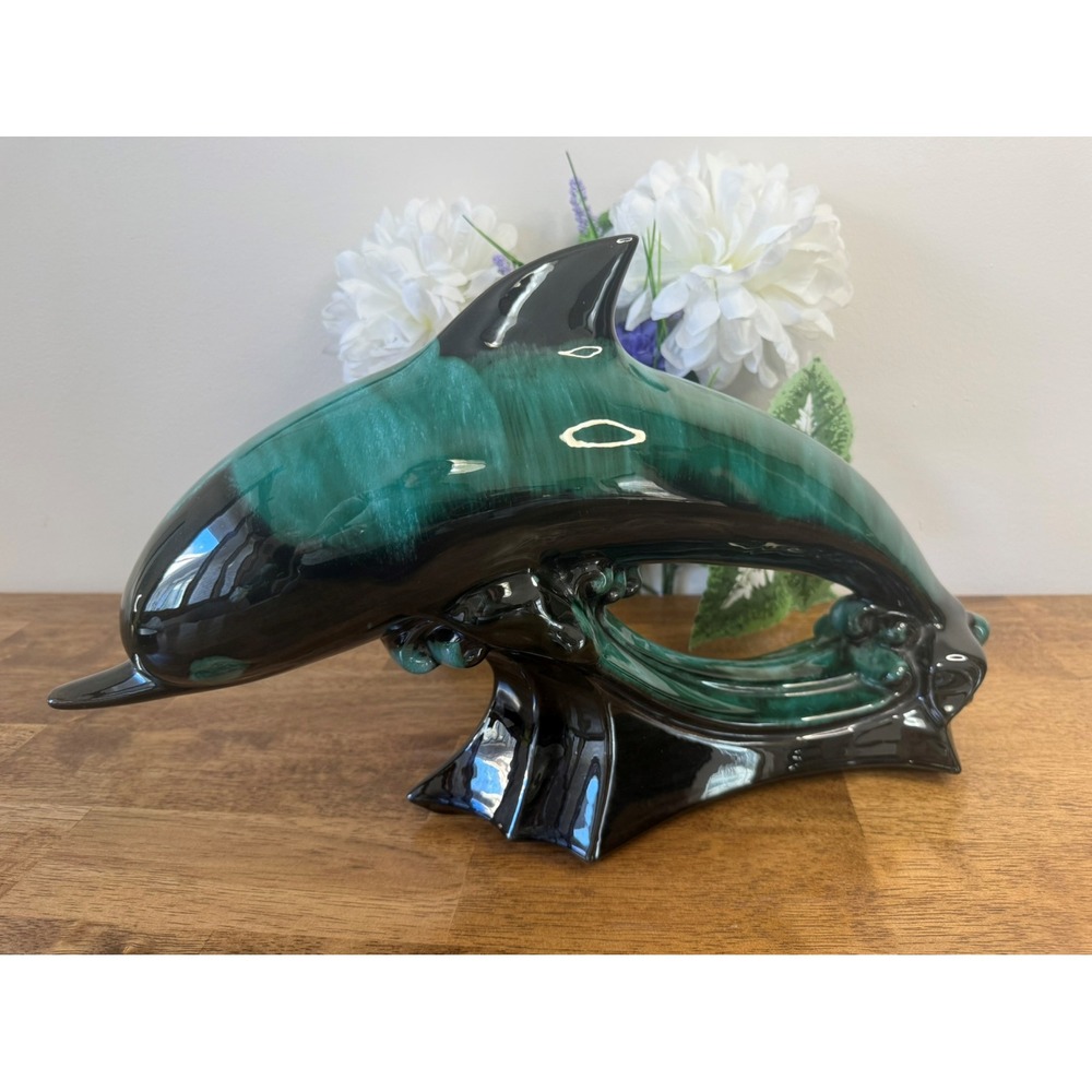 Vintage Blue Mountain Pottery Dolphin Figurine Large Green Drip Glaze Sculpture